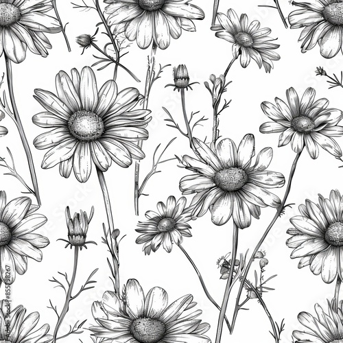 An elegant seamless pattern with beautiful chamomile plant blossoms, leaves and daisy flowers