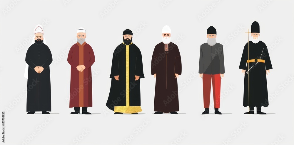 An modern set with Catholic Popes, Buddhist and Hindu monks, Orthodox Christians, Jewish Rabbis, Muslim mullah priests