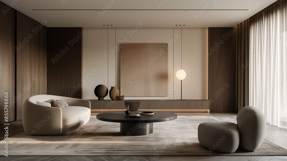 © Meritxell Cid - A living room with a white couch, a coffee table, and a rug © Meritxell Cid - A living room with a white couch, a coffee table, and a rug