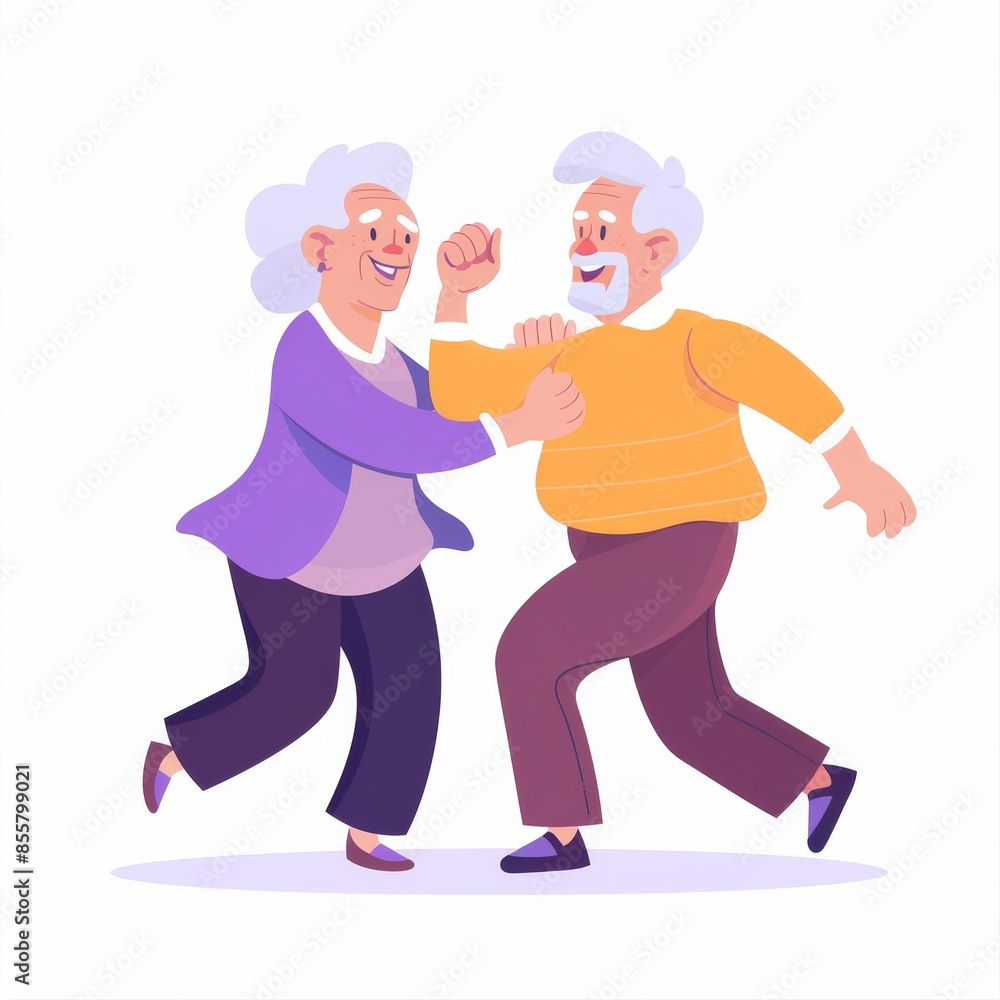 In a romantic dance illustration on a white background, an elderly couple is beaming with happiness In a romantic dance illustration on a white background, an elderly couple is beaming with happiness