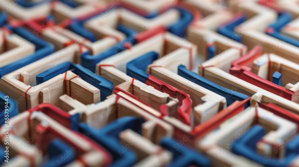 A closeup of the texture and pattern on an abstract, three-dimensional maze made from colorful wood pieces, creating intricate patterns with red lines and blue accents. A closeup of the texture and pattern on an abstract, three-dimensional maze made from colorful wood pieces, creating intricate patterns with red lines and blue accents.