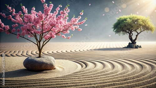 Tranquil Zen garden featuring raked sand, stones, and a cherry blossom tree in watercolor style photo