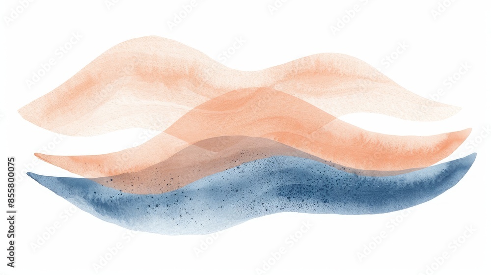 Fototapeta premium Abstract watercolor painting featuring layered waves in shades of blue and peach, creating a calm and serene composition.