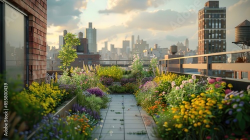 Rooftop garden in an urban setting. Show various plants and the cityscape in the background. © BMMP Studio