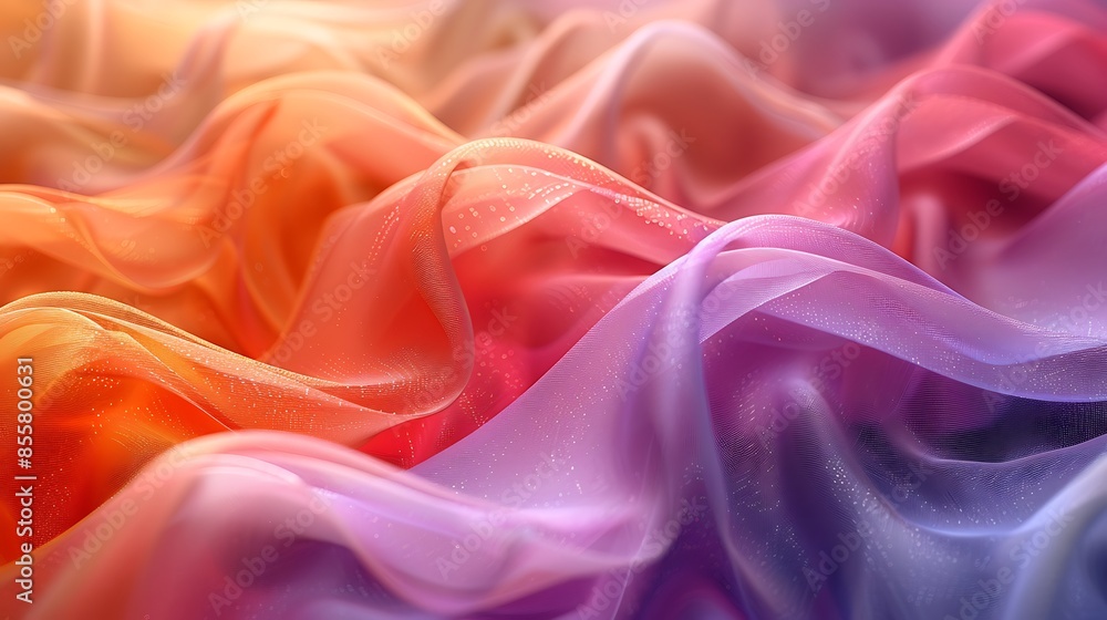 Obraz premium An abstract scene of wave patterns created by colorful silk ribbons in the wind. The ribbons dance gracefully, forming intricate shapes with vibrant hues, set against a blurred backdrop