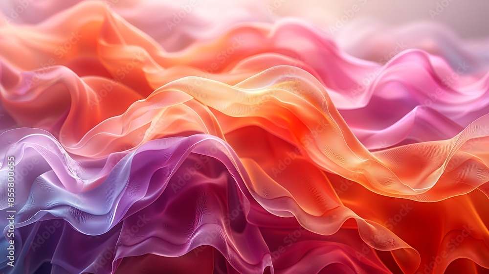 Obraz premium An abstract scene of wave patterns created by colorful silk ribbons in the wind. The ribbons dance gracefully, forming intricate shapes with vibrant hues, set against a blurred backdrop