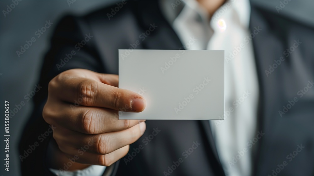 Businessman extends blank white card mockup towards camera. Formal setting. Caucasian man with businesscard template advertising image. Professional mock up product photorealistic Businessman extends blank white card mockup towards camera. Formal setting. Caucasian man with businesscard template advertising image. Professional mock up product photorealistic