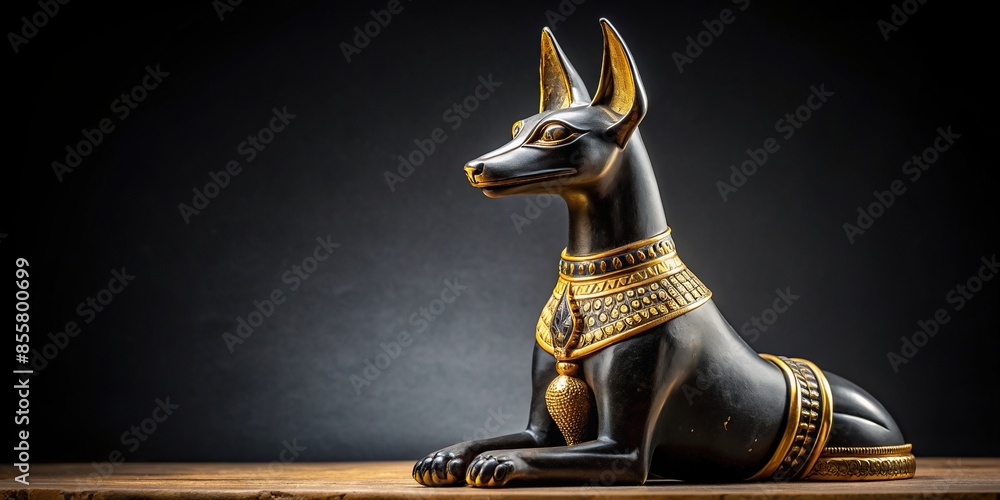 Ancient Egyptian dog statue in black and gold with intricate golden details, Egyptian, dog