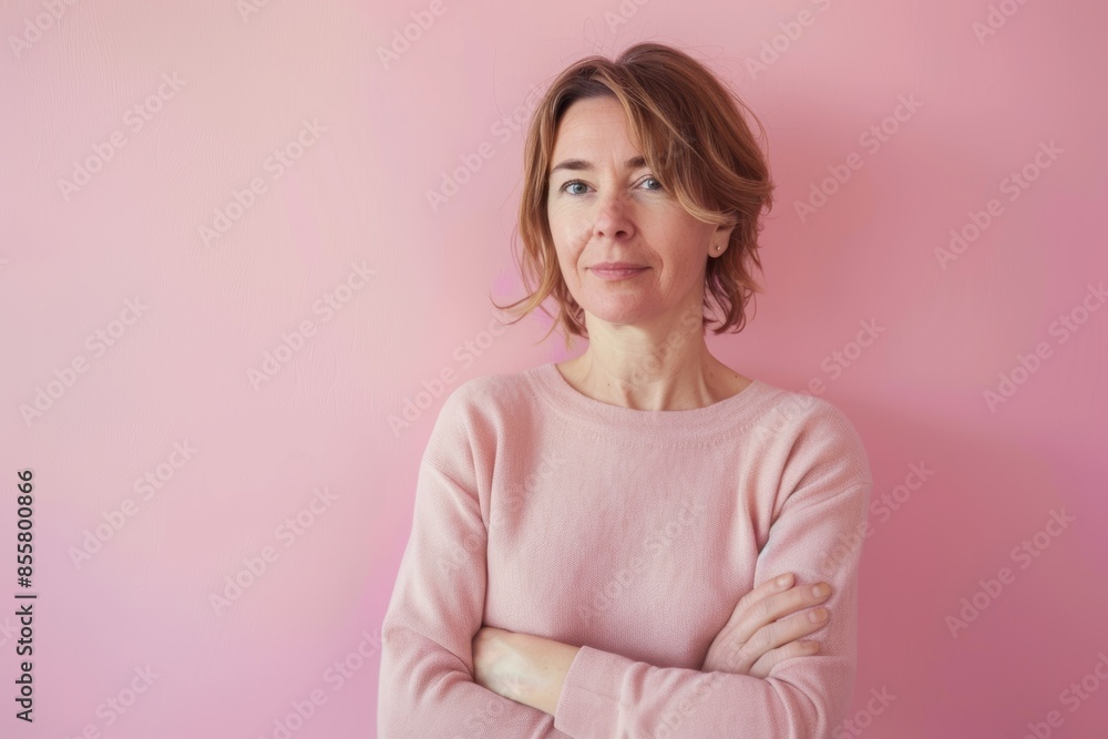 Portrait of a tender woman in her 50s with arms crossed isolated in solid pastel color wall Portrait of a tender woman in her 50s with arms crossed isolated in solid pastel color wall