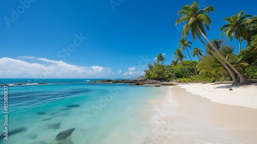 Pristine Tropical Beach With Crystal Clear Blue Waters  Swaying Palm Trees  and White Sand Under a Bright Sunny Sky. Generative AI