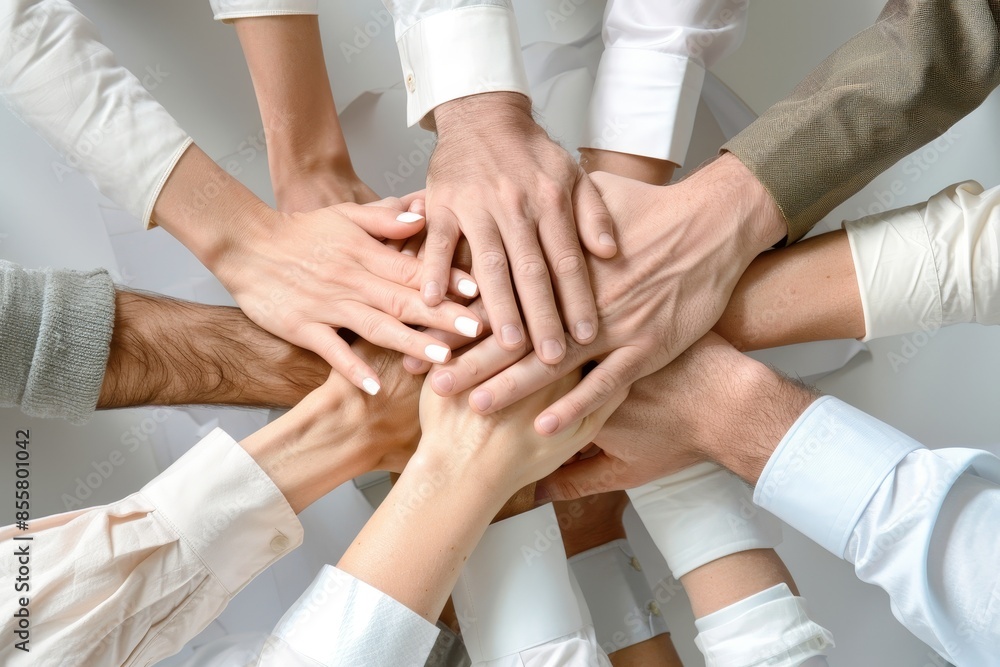 Teams of international business people demonstrating unity through their hands-on interaction Teams of international business people demonstrating unity through their hands-on interaction