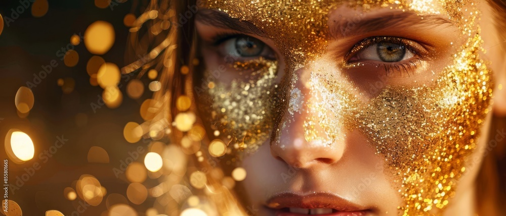Beautiful girl adorned in gold paint against an isolated backdrop Beautiful girl adorned in gold paint against an isolated backdrop