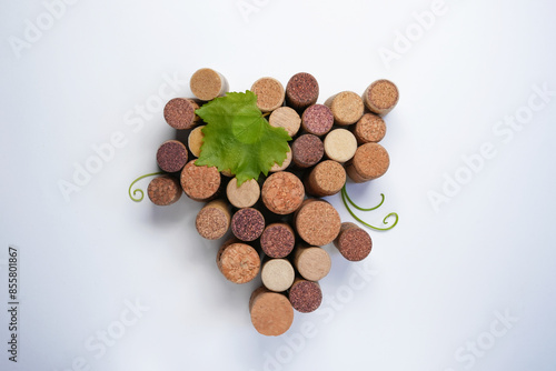 A bunch of grapes made of wine cork isolated a white background. Top view, flat lay. Festivals, holidays, traditions and winemaking concept.