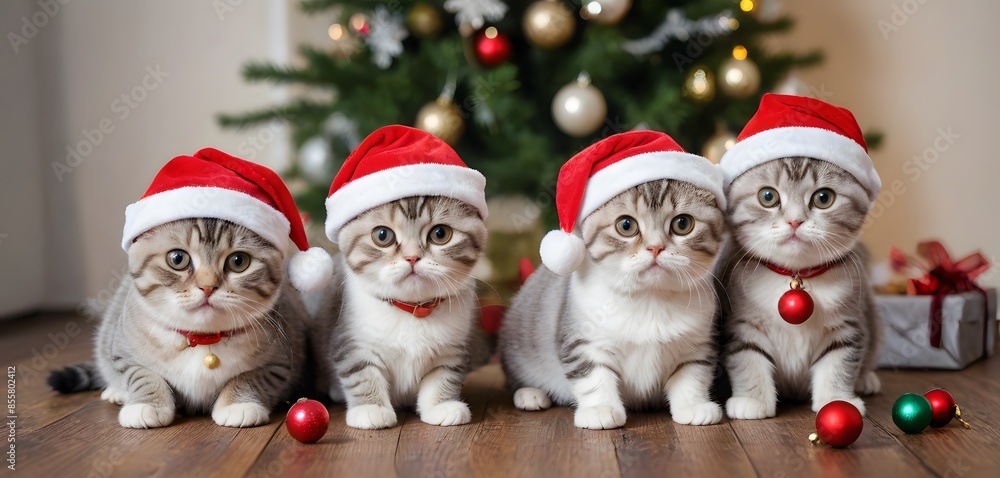 Four Kittens Dressed In Santa Hats Posing For Christmas Four Kittens Dressed In Santa Hats Posing For Christmas