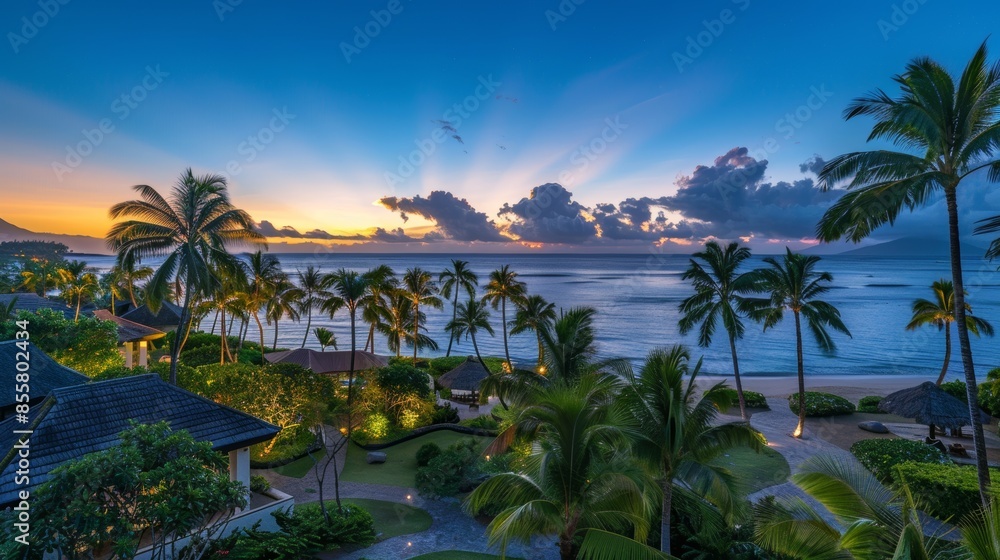 Tropical beach at sunset with palm trees, calm ocean waves, vibrant sky colors, lush greenery, and cozy beachfront huts. Tropical beach at sunset with palm trees, calm ocean waves, vibrant sky colors, lush greenery, and cozy beachfront huts.