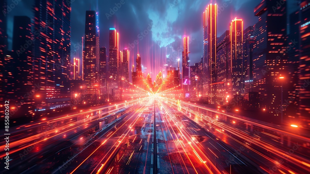 Fototapeta premium An artistic depiction of a futuristic digital grid on a dark cyberpunk cityscape. The city is filled with neon lights, towering buildings, and holographic advertisements, creating an immersive