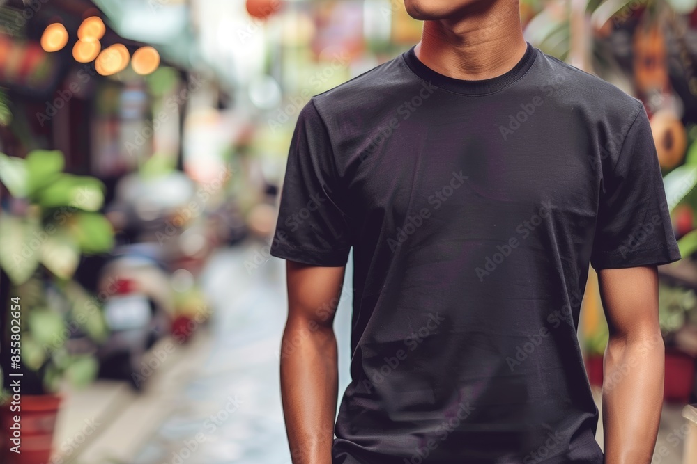 Young man in black t-shirt exploring urban alley Young man in black t-shirt exploring urban alley