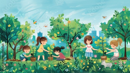 Wallpaper Mural Artwork of children planting trees in a community park, symbolizing reforestation and environmental education. Torontodigital.ca