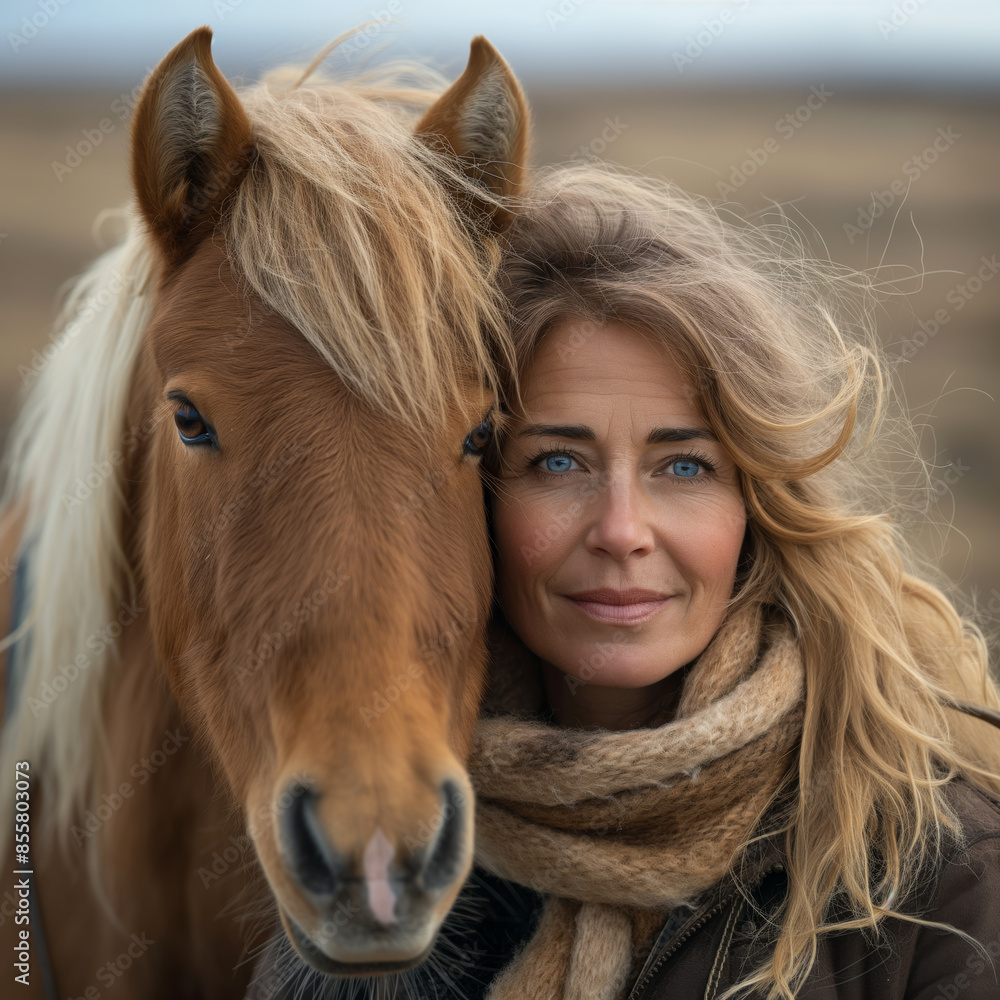 Fototapeta premium Frau mit Islandpony in Island