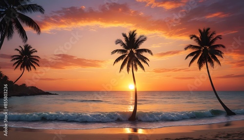 Silhouetted Palm Trees at Sunset on a Tropical Beach