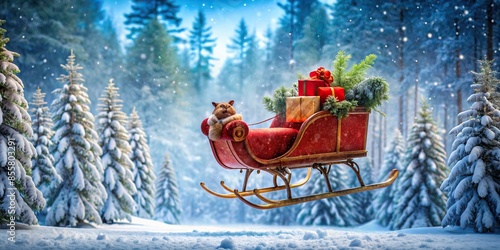 Santa Claus' red sleigh filled with presents flying through the snow-covered forest , Christmas, holiday, winter © joompon