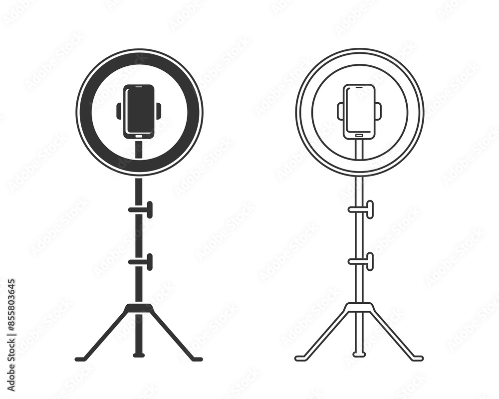 Obraz premium Cutout silhouette Led ring lamp line icon on tripod with smartphone. Outline icon. Black simple illustration of light for selfie, blogger. Flat isolated vector
