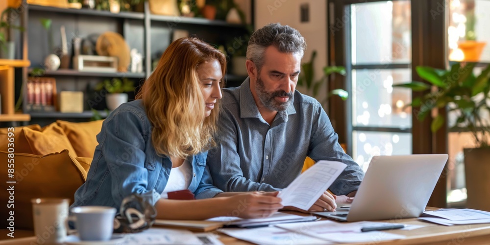 © Iryna - A couple reviews financial documents at home, discussing bills and budget planning together on a laptop. © Iryna - A couple reviews financial documents at home, discussing bills and budget planning together on a laptop.