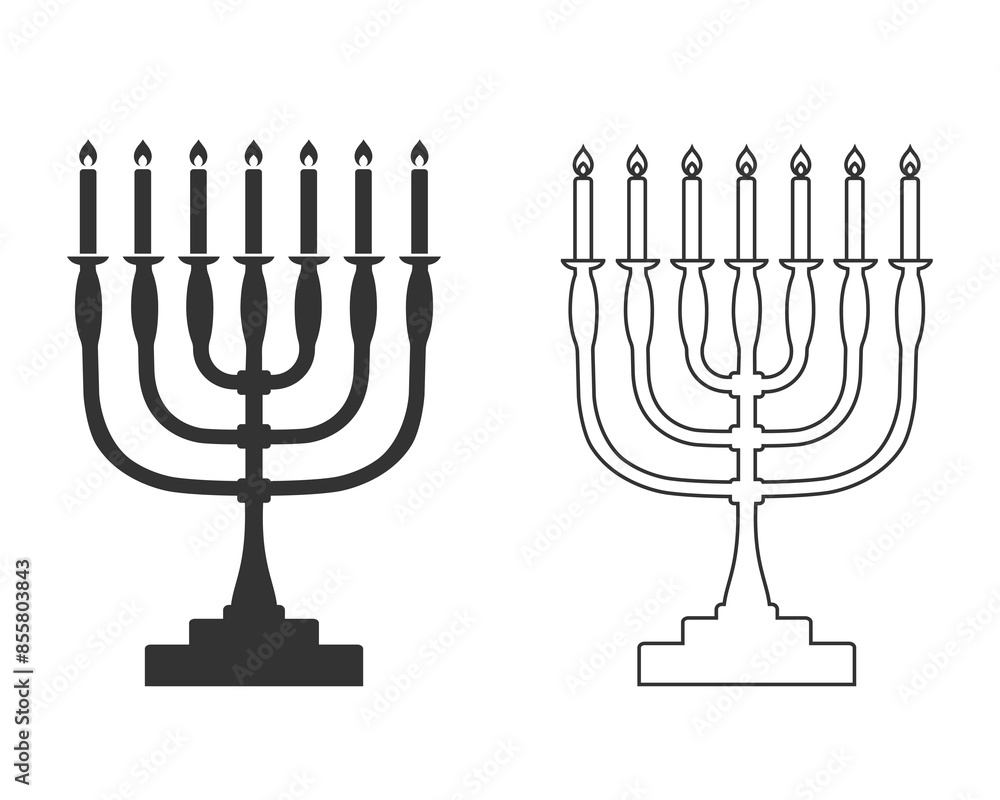 Menorah candelabrum with seven lit candles graphic line icon. Candlestick in the form of a menorah sign isolated on white background. Vector flat sign Menorah candelabrum with seven lit candles graphic line icon. Candlestick in the form of a menorah sign isolated on white background. Vector flat sign