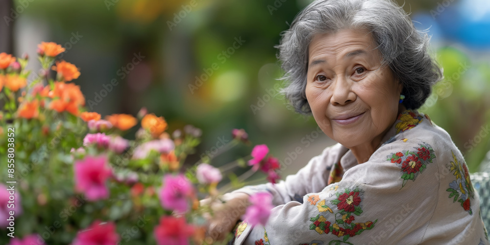A wrinkled Chinese grandmother smiles in a blooming garden, exuding happiness and beauty. A wrinkled Chinese grandmother smiles in a blooming garden, exuding happiness and beauty.