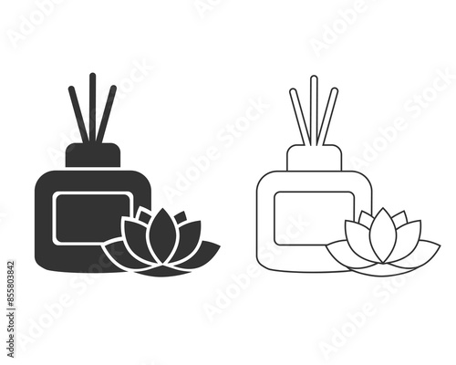 Scented Reed Diffuser Oil Silhouette and line Icon. Aromatherapy Pictogram. Aroma and Fragrance Therapy Stick in Glass Symbol. Editable Stroke. Isolated Vector Illustration