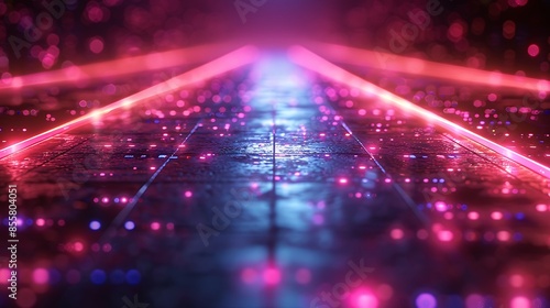 An artistic depiction of a neon grid with retro 80s digital wave elements, evoking a nostalgic tech look. The vibrant neon lines and digital waveforms create a dynamic and glowing scene. photo