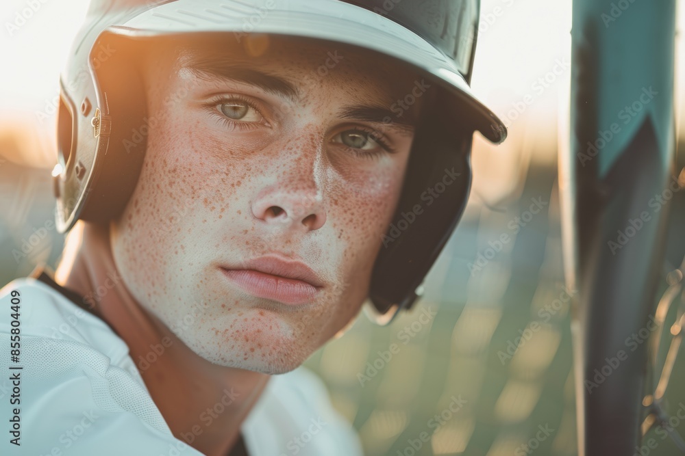Portrait of young focused boy, with freckled face, baseball player posing with bat against sunset light on background. Outdoor training Portrait of young focused boy, with freckled face, baseball player posing with bat against sunset light on background. Outdoor training