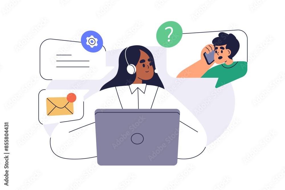 Customer support service, call center. Online help and assistance for clients. Communication, problem solution with consultant at helpdesk. Flat vector illustration isolated on white background Customer support service, call center. Online help and assistance for clients. Communication, problem solution with consultant at helpdesk. Flat vector illustration isolated on white background