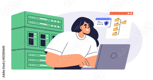 System administrator and server data. Computer storage, network administration, database maintenance and management concept. Female sysadmin. Flat vector illustration isolated on white background