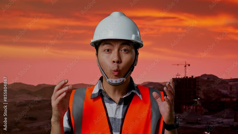 Close Up Of Asian Male Engineer With Safety Helmet Smiling To Camera And Saying Wow While Standing at Construction Site, Mining Machinery