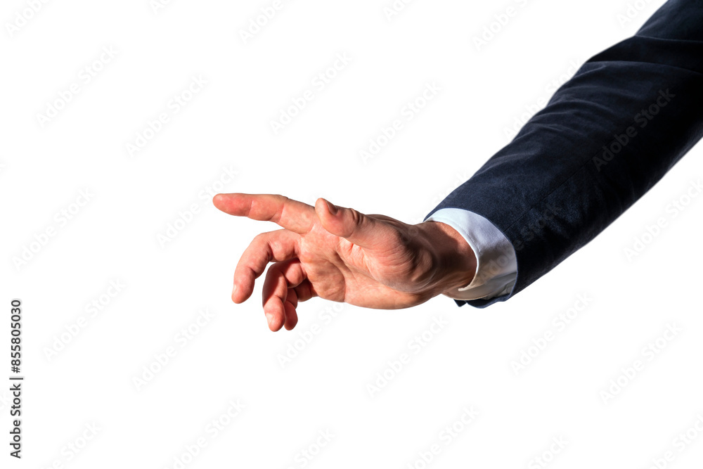 Fototapeta premium A man's hand gesturing, dressed in a suit, isolated on a white background, depicting a concept of direction or instruction
