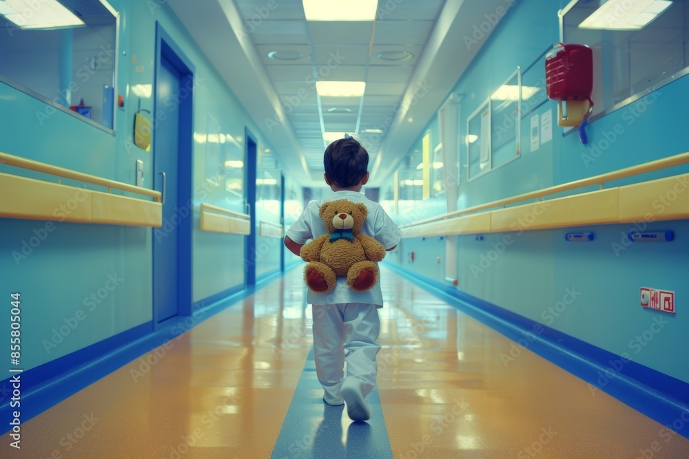 Fototapeta premium Little boy with bear walking down hospital corridor