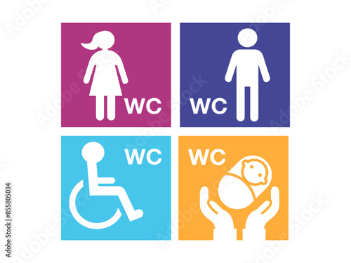 Icons set for wc. Four icons divided into men, women, disabled and childcare. Vector.