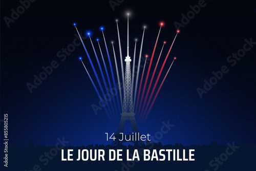 Banner 14 july bastille day in france, poster with french colorful fireworks on dark sky background. Fireworks france flag. French national holiday. Vector. Translation: July 14 Bastille Day photo