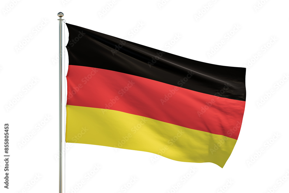 A German flag waving, with a realistic fabric texture, set against a white background, concept of nationality. 3D Rendering A German flag waving, with a realistic fabric texture, set against a white background, concept of nationality. 3D Rendering