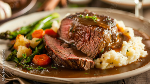 An elegantly served Sunday dinner plate features roast beef, surrounded by creamy mashed potatoes, a variety of vegetables and generously topped with a delicious sauce.
