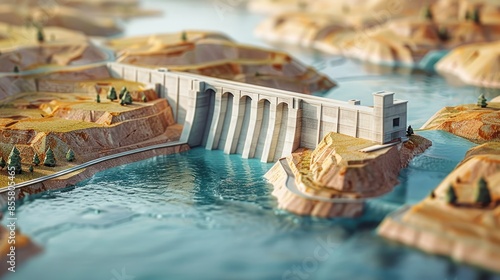 Paper cutout art showing a hydroelectric dam with a dried-up riverbed, highlighting water management issues in green energy. photo