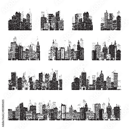 Stippled city silhouettes. Cityscape, town skyline. Midtown, downtown with buildings, houses and skyscrapers. Stippling, dot drawing and shading, stipple pattern, halftone effect. Vector illustration
