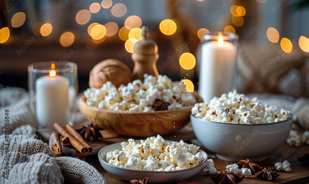 A cozy movie night at home with a selection of classic romantic films and white appetizers A cozy movie night at home with a selection of classic romantic films and white appetizers
