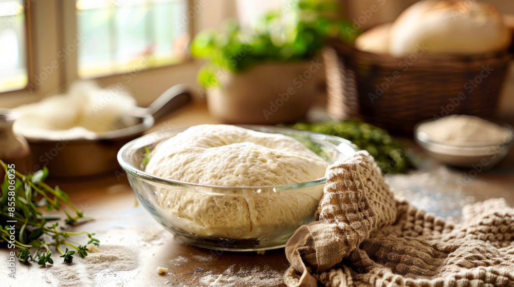 Fototapeta premium Proofing bread dough in glass bowl with herbs on rustic kitchen table