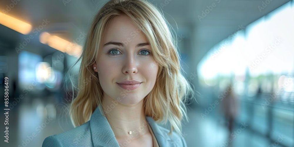 Female leader, manager or CEO with a smile, mission and vision in the office. Leadership, management and success. Woman boss, corporate business people at work. Blonde long hair young lady in suit Female leader, manager or CEO with a smile, mission and vision in the office. Leadership, management and success. Woman boss, corporate business people at work. Blonde long hair young lady in suit