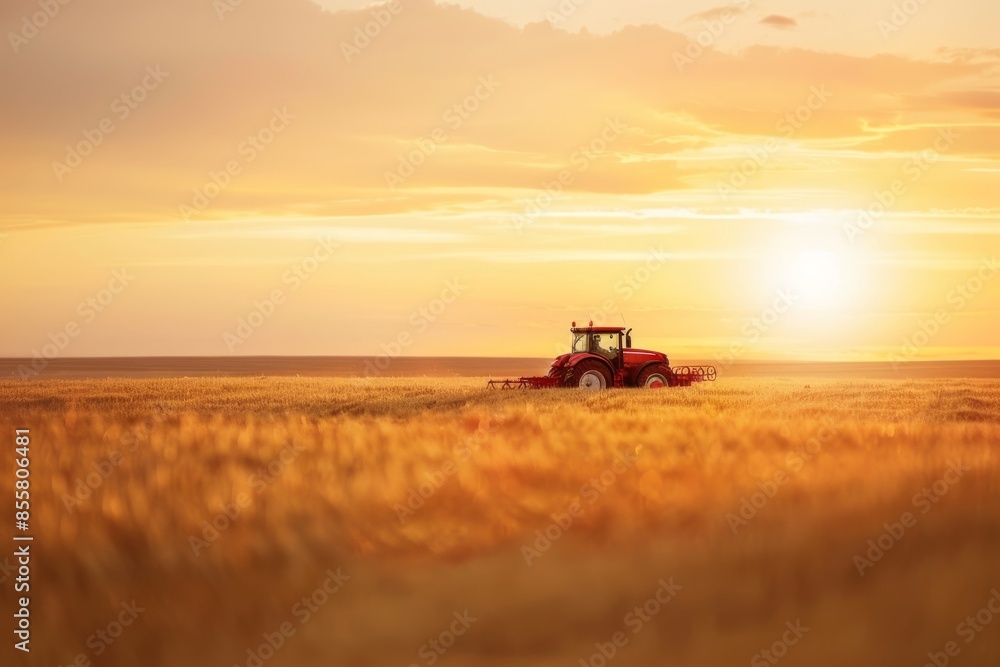 Fototapeta premium red tractor is seen working on a golden wheat field at sunrise, emphasizing the daily routines of agricultural life and the beauty of dawn.