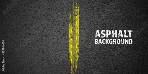 Yellow grunge tire tracks, wheel braking marks. Truck, car or motorcycle tread pattern silhouettes. Auto race, motorsport, speed racing design element. Asphalt texture. Vector illustration