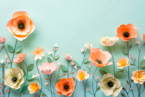 Beautiful colorful papercut flowers on light green backgroud