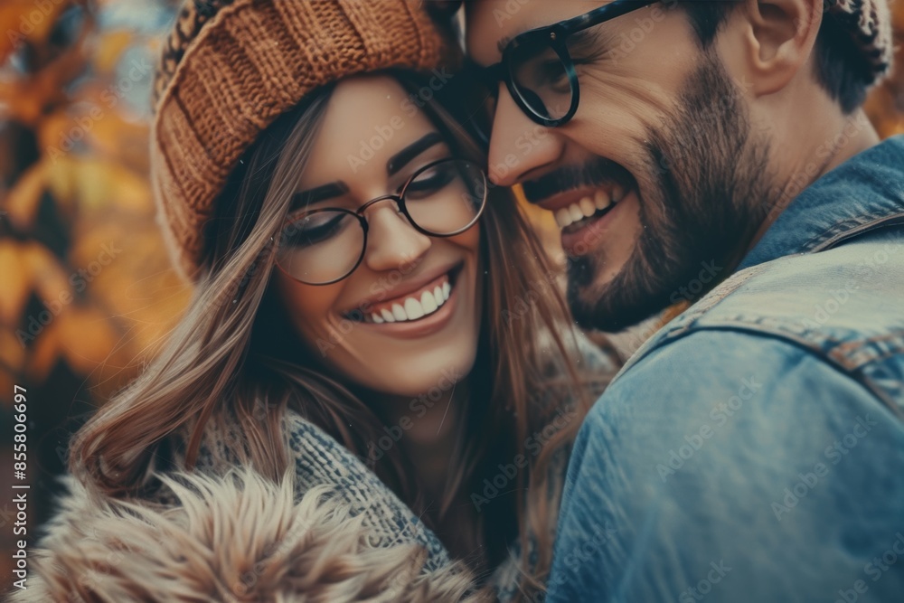 Autumn romance: cheerful couple enjoying the fall season Autumn romance: cheerful couple enjoying the fall season